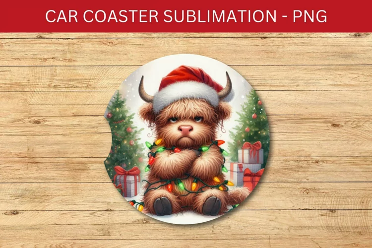 rounded car coaster - grumpy highland cow