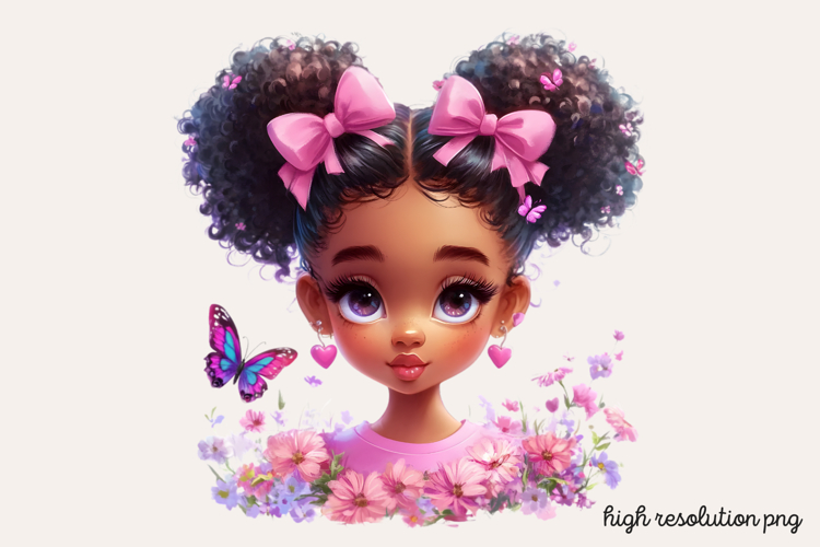Cute Black Girl with Flower Clipart PNG