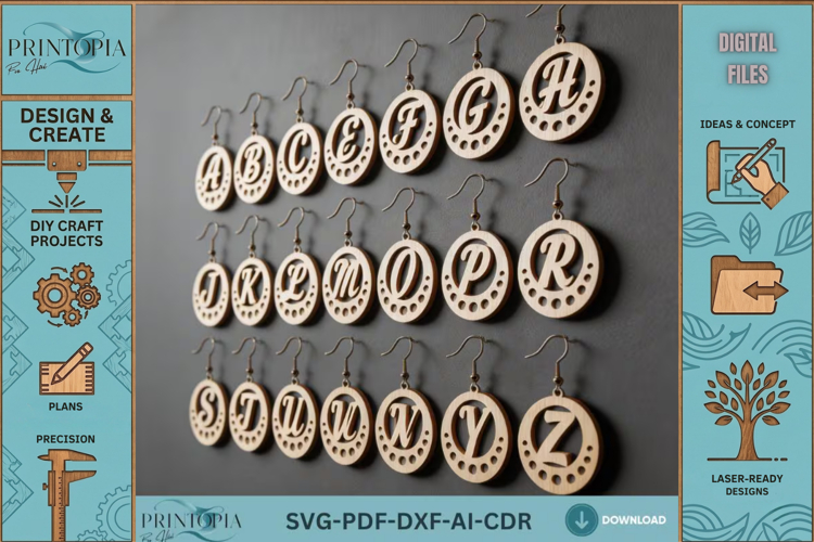 Alphabet Initial Earrings Laser Cut Template Wooden Monogram
