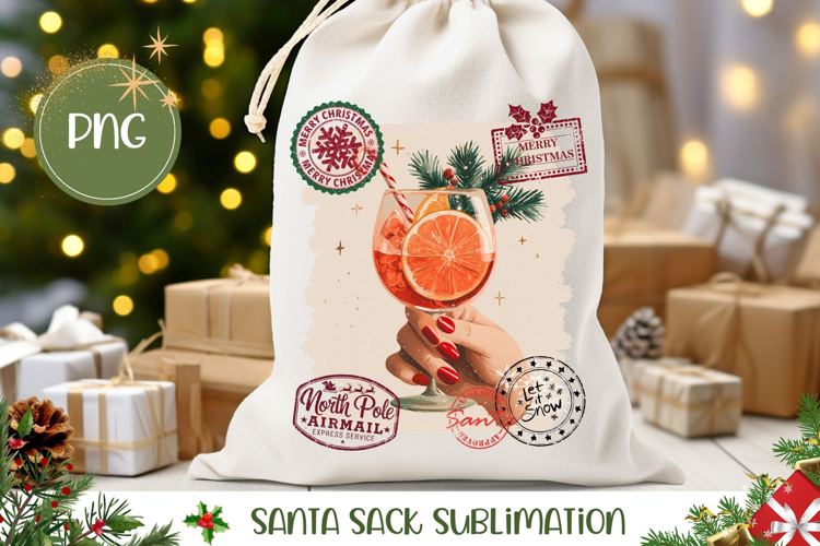 Christmas Cocktail Santa Sack, Winter Gift Bag Print