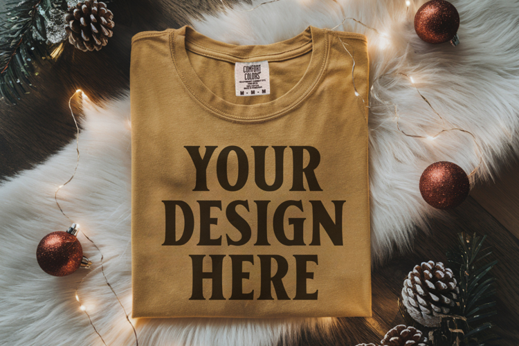 Mustard Comfort Colors 1717 Christmas Folded T-Shirt Mockup