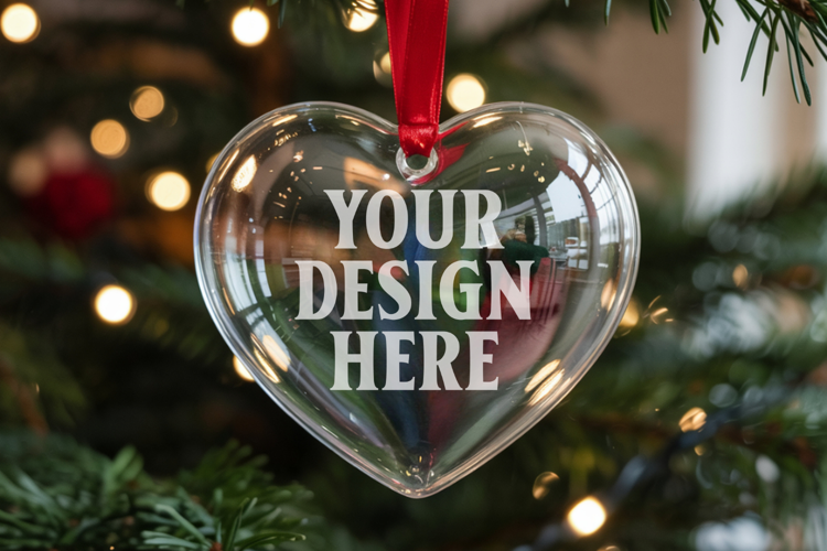 Christmas Heart Crystal Glass Ornament Mockup | Clear Heart