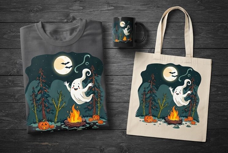Spooky Ghost Campfire Halloween Design with Pumpkins example image 1