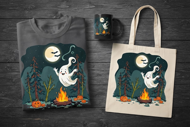 Spooky Ghost Campfire Halloween Design with Pumpkins