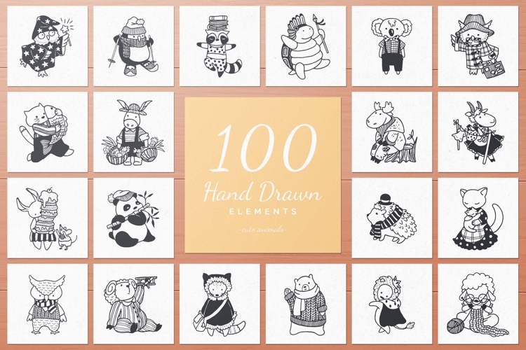 100 Hand Drawn Elements -Animals-