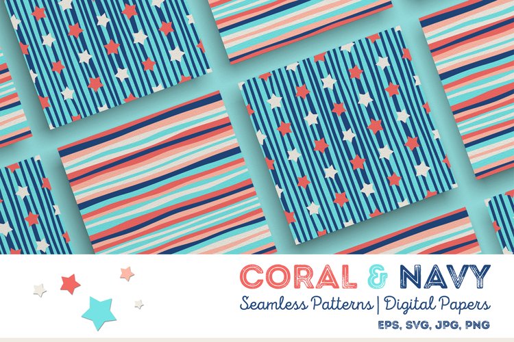 Coral & Navy | Seamless Patterns | Digital Papers example image 1