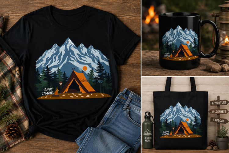 Happy Camping PNG, Mountain Adventure Tent Outdoor Design