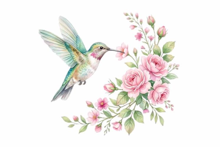 Watercolor delicate hummingbird hovering near pink flowers