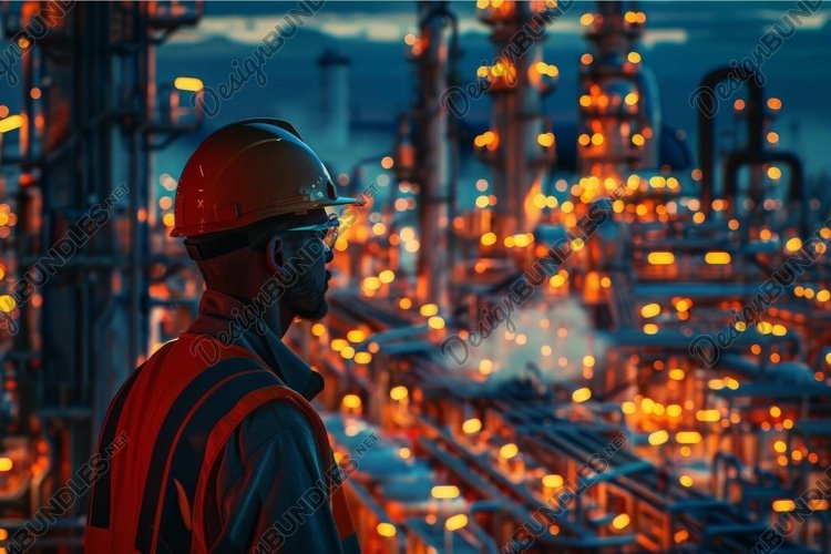 Industrial worker overlooking refinery at twilight