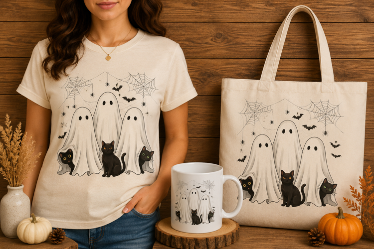 Ghost Trio and Black Cats Spooky Cute Halloween Design