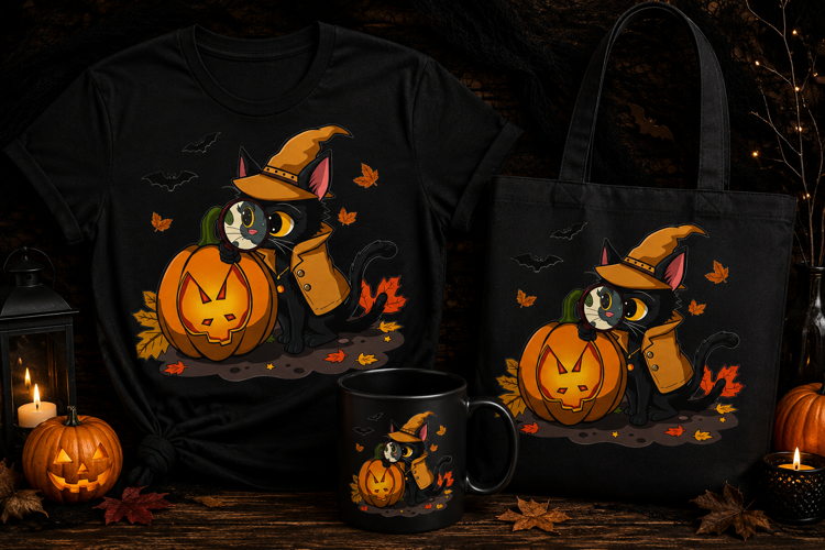 Halloween Black Cat Detective PNG | Pumpkin Witch Cat Clipar