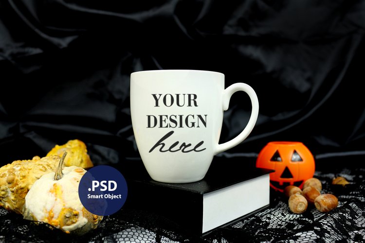 Halloween Bistro mug mockup, Halloween white mug PSD mockup example image 1