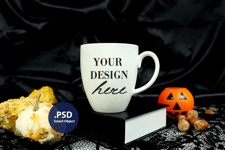 Halloween Bistro mug mockup, Halloween white mug PSD mockup