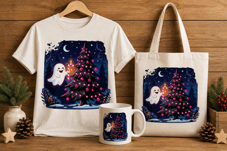 Cute Ghost Decorating Black Christmas Tree Holiday Art