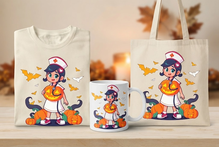 Halloween Nurse PNG | Cute Nurse Pumpkin & Bat Clipart