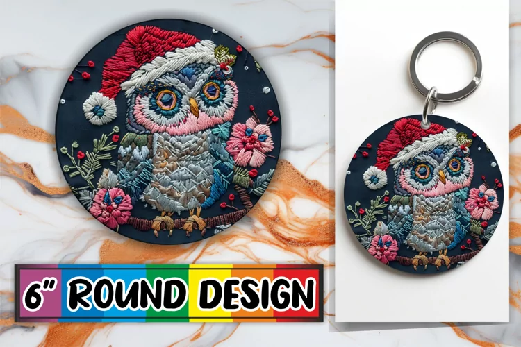 Holiday Owl Circle for Keychain Round Design Embroidered