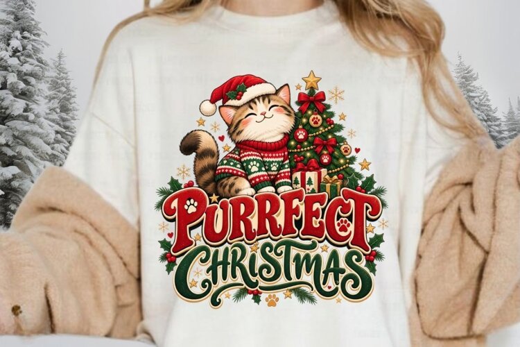 Purrfect Christmas Cute Cat Wearing Santa Hat and Sweater example image 1