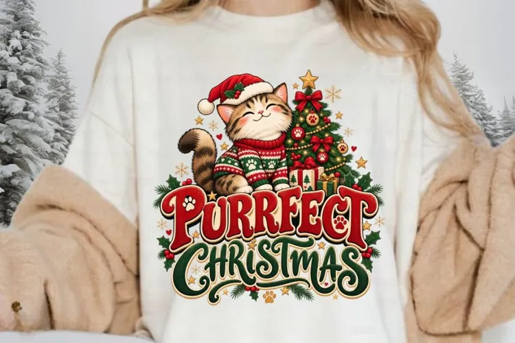 Purrfect Christmas Cute Cat Wearing Santa Hat and Sweater
