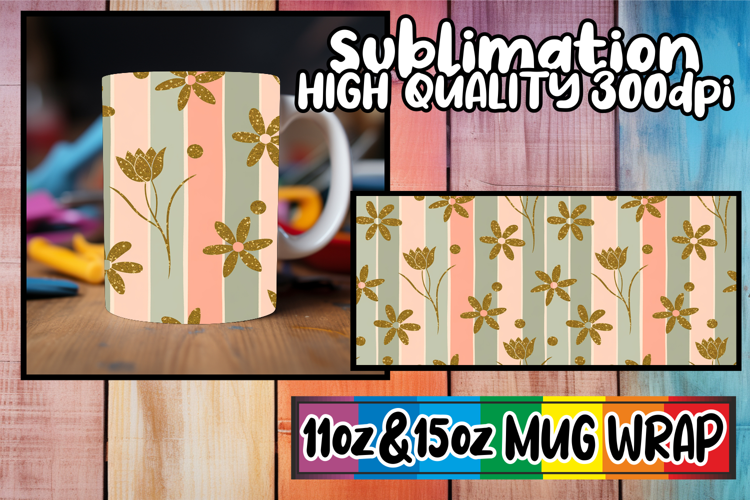 Vibrant hues 11oz 15oz mug wrap, Gold Flower