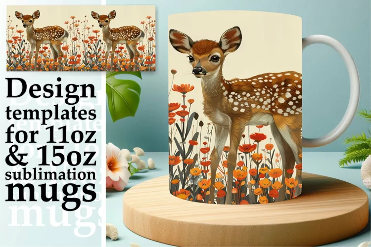 Deer Watercolor Mug Wrap for Sublimation Art