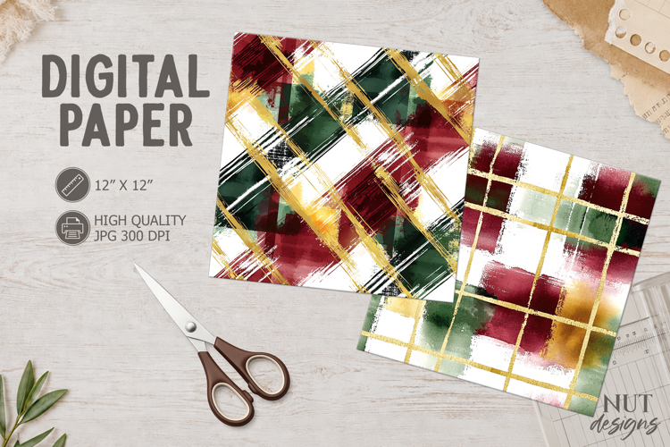 Burgundy Green Gold Plaid Digital Paper watercolor geometric