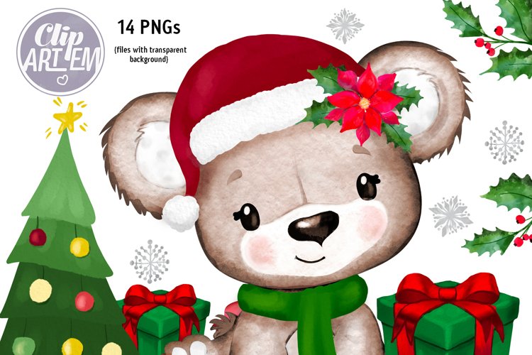 Cute Christmas Girl Bear watercolor Clip Art New Year Bundle example image 1