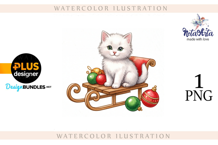 Christmas Kitten in Watercolor Style