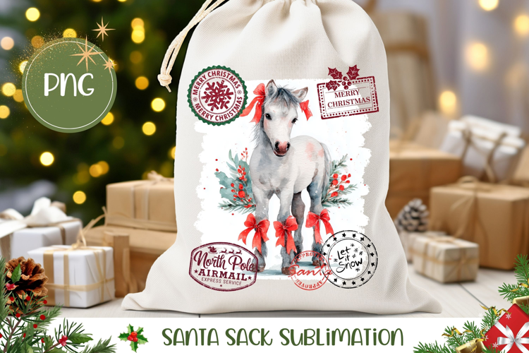 Watercolor Christmas Horse Santa Sack Design, Kids Gift Bag