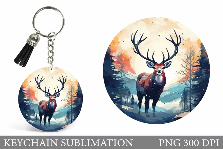 Deer Round Keychain Design. 3D Deer Keychain Sublimation