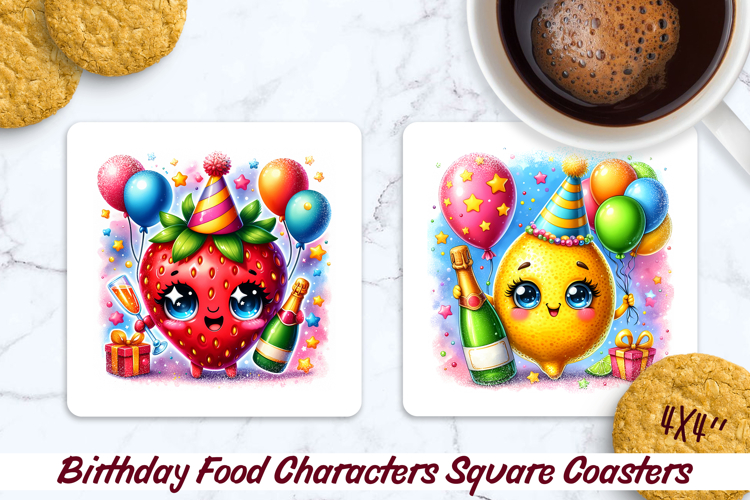 Birthday Food Square Coaster PNG 4x4, Sublimation Design.