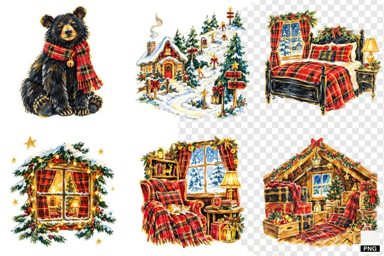 Plaid Cottage Christmas Clipart