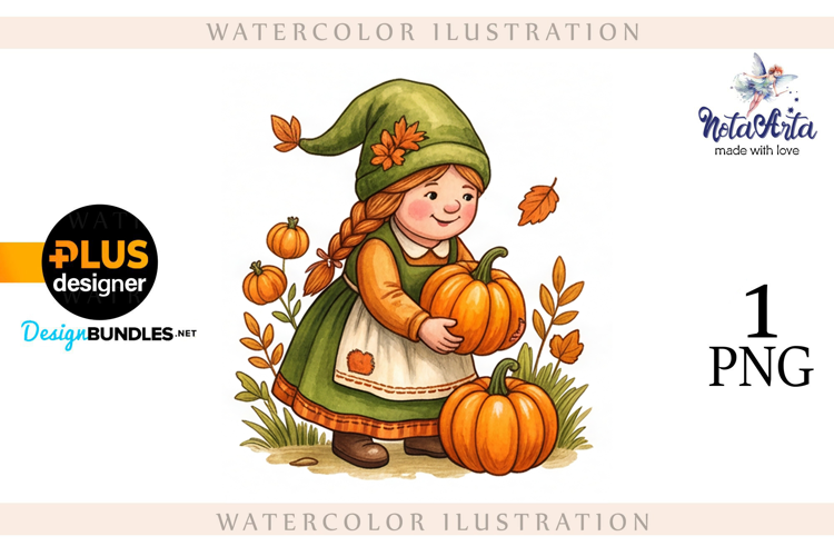 Gnomes with Pumpkin Harvest in Watercolor Style