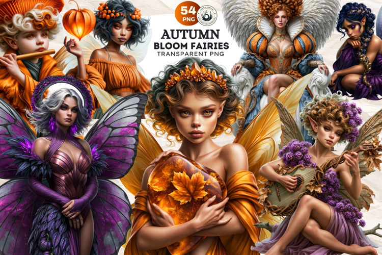 Autumn Bloom Fairies Clipart Set, Mythical Fantasy PNG