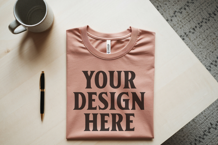 Heather Peach Bella Canvas 3001 Flat Lay T-Shirt Mockup
