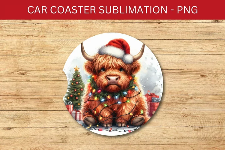 rounded car coaster - grumpy highland cow