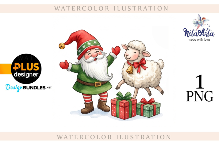 Christmas Gnome Santa with a Sheep in Watercolor Style