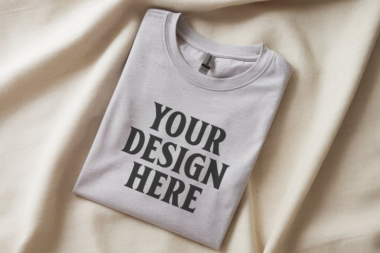 Gildan 64000 Heather Grey Folded T-Shirt Mockup | Flat Lay U