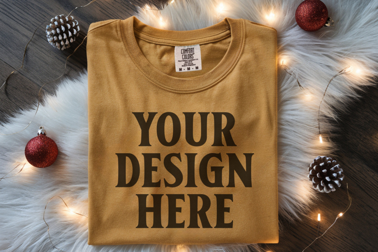 Mustard Comfort Colors 1717 Christmas Folded T-Shirt Mockup