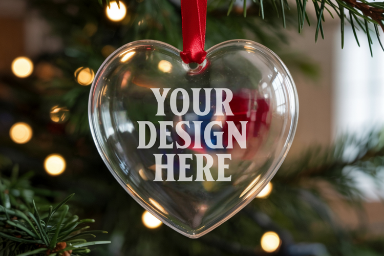 Christmas Heart Crystal Glass Ornament Mockup | Clear Heart