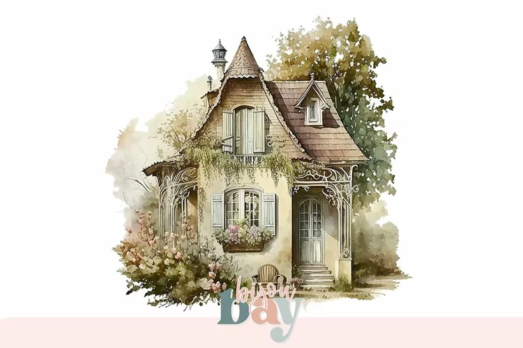 Charming Cottage Clipart, Rustic Home Watercolor PNG