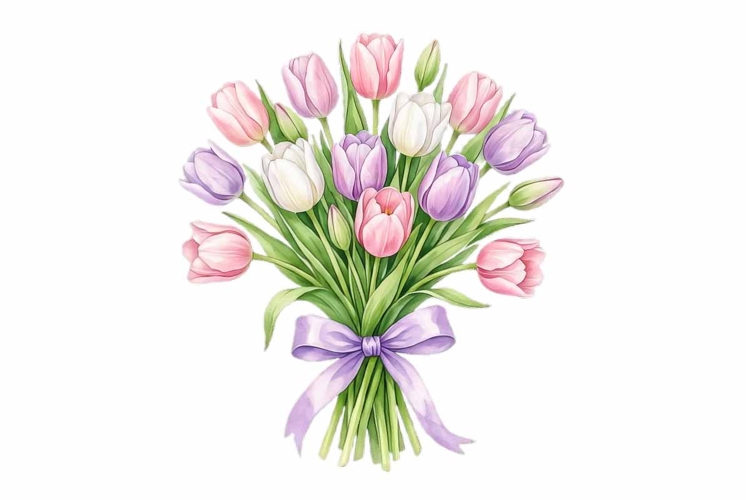 Watercolor fresh tulip bunch