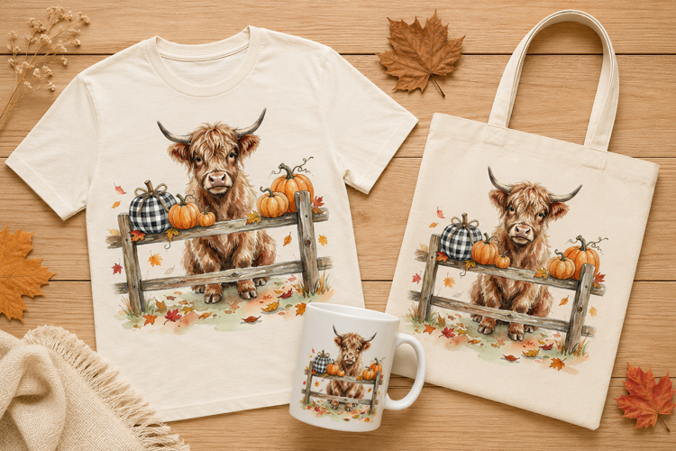 Fluffy Highland Cow Behind Farm Fence Autumn Art