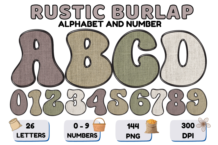 Rustic Burlap Alphabet PNG Farmhouse Letters 300 DPI