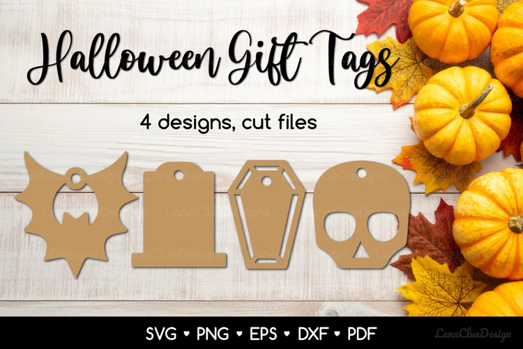 4 Halloween Shaped Gift Tags SVG - Bat, Tomb, Coffin, Scull