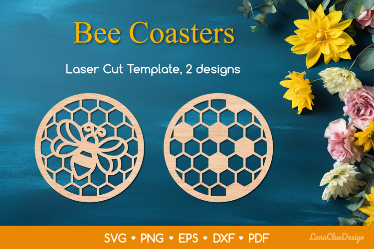 2 Bee and Honeycomb Decorative Round Coasters SVG Laser Cut