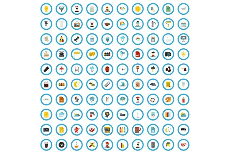 100 artist icons set, flat style