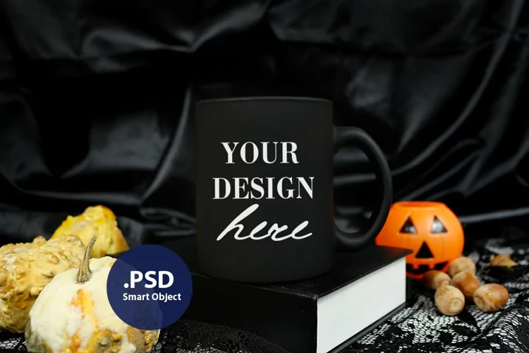 Halloween Black mug mockup, Black Mug PSD Smart Object