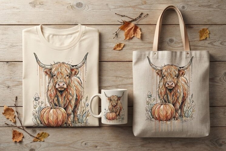 Boho Highland Cow Pumpkin Drip Art Autumn Print example image 1