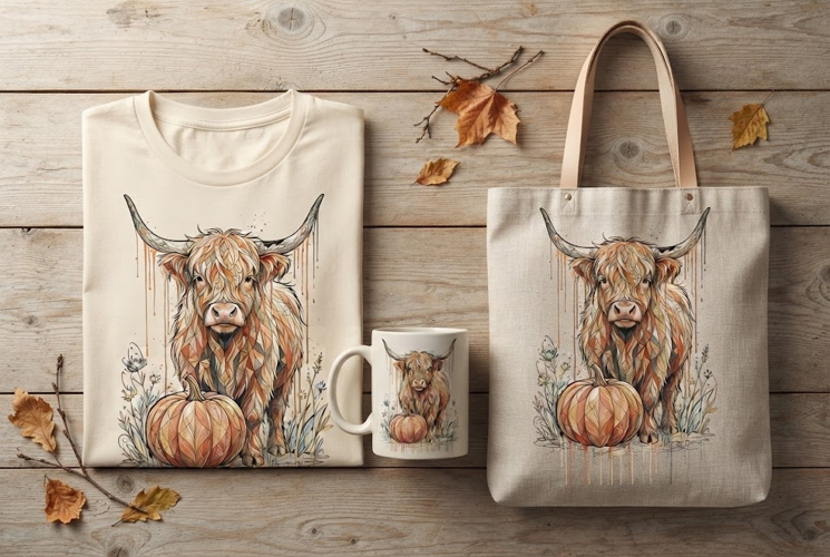 Boho Highland Cow Pumpkin Drip Art Autumn Print