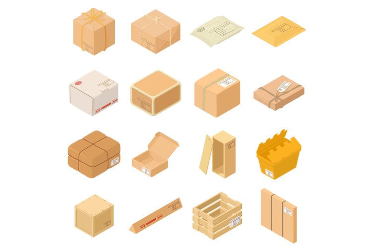 Parcel packaging box icons set, isometric style